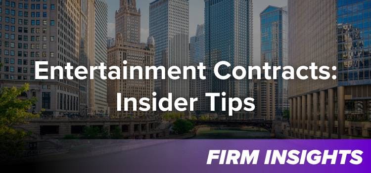 Text saying Entertainment Contracts Insider Tips in front of skyscrapers.